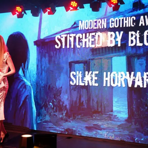 Dimly lit cabaret-style venue with small tables, red chairs, table lamps, red curtains, and framed posters on the dark walls.