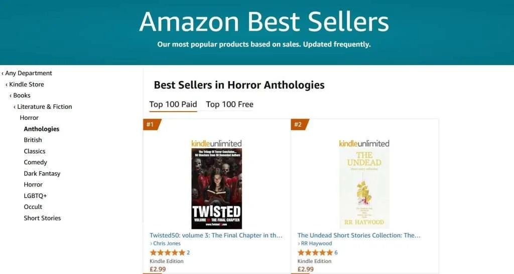 Screenshot of Amazon Best Sellers in Horror Anthologies showing two top paid books: "Twisted50 Volume 3" at number 1 and "The Undead Short Stories Collection" at number 2.