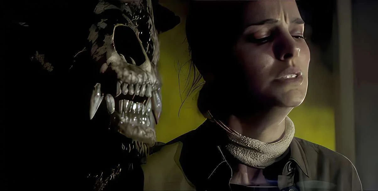 A woman with a pained expression is shown next to a menacing skull with large fangs and pointed teeth in a dark setting.