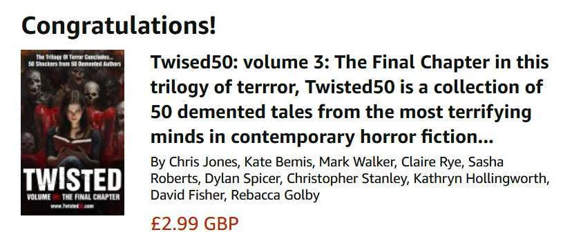 Book advertisement for "Twisted50: Volume 3" featuring a collection of horror stories. Price listed as £2.99 GBP.