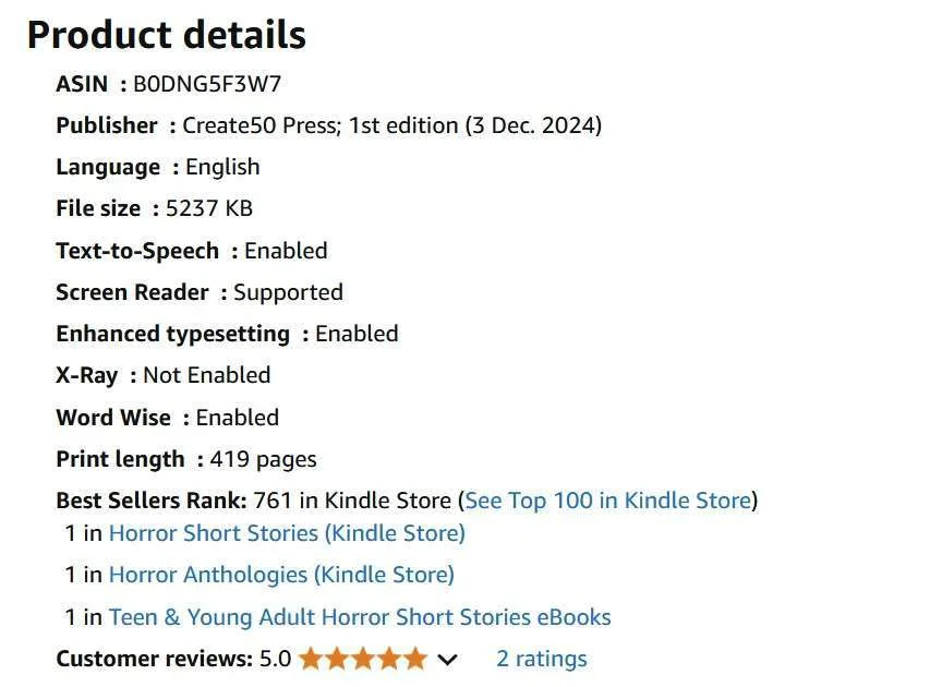 A product detail page showing a book ranked 761 in Kindle Store. Categories include horror short stories and teen & young adult horror. Customer reviews average is 5.0 from 2 ratings.